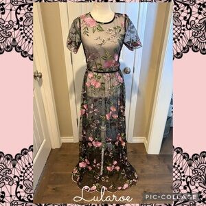 LULAROE XS DEANNE 2 DRESS Sheer Black layering dress with Pink Floral Stitching